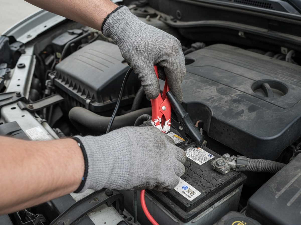 Gloved hands clamping a battery load tester onto the terminals of a car battery under an open hood.