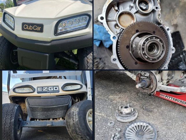 Four photos of Bohannon's own golf cart work: a Club Car front end, a stripped differential, an E-Z-GO, and a brake hub laid out on the ground.