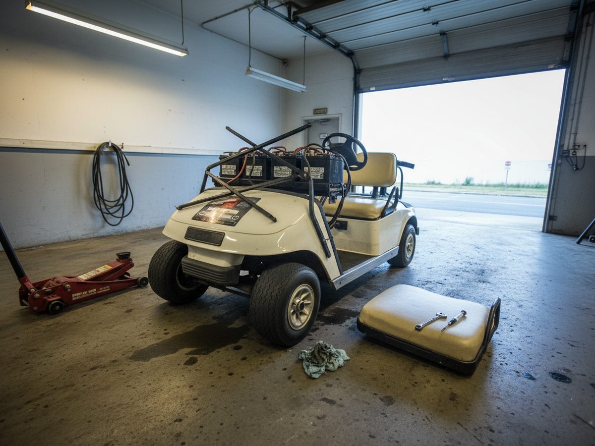 Electric golf cart in a shop bay with its seat removed, exposing six lead-acid batteries and their cables.