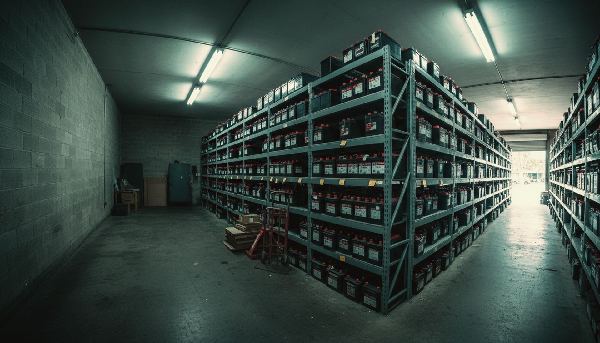 Aisle of steel warehouse racking stacked floor to ceiling with automotive and deep cycle batteries.