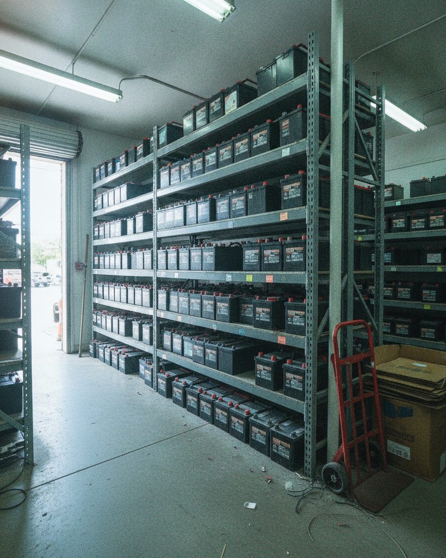 Steel warehouse shelving stacked with rows of automotive and deep cycle batteries inside a battery distributor's shop.